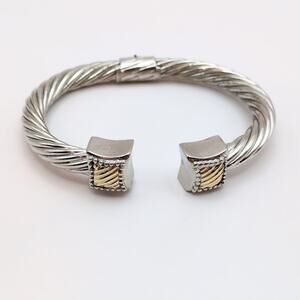 Sterling Silver 925/14k Gold Hinge Open Cuff Bangle Bracelet Signed Garden